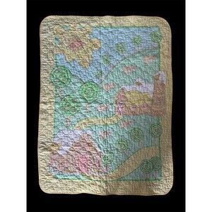 That's Our Baby Vintage Blanket 80s Farm Sheep Sun Trees Yellow Quilted Vintage